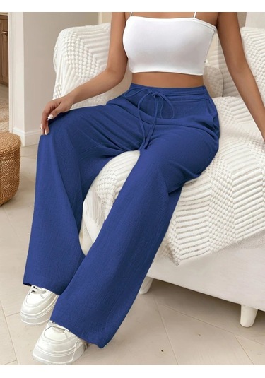 Gülsüm Aydın Kadın Yüksek Bel Bağcıklı Geniş Paçalı Uzun Bürümcük Pantolon Mavi