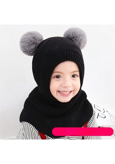 Ikkb Çocuk Kış Sıcaklığı Koreörme Tığ Ponpon Şapka Siyah