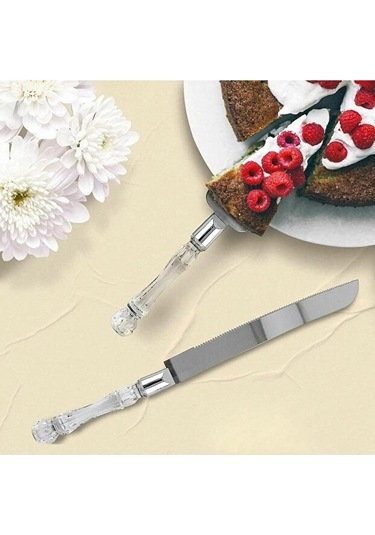 Mucit Home Kristal Saplı Pasta Servis Seti Spatula Bıçak Ikili Set Beyaz