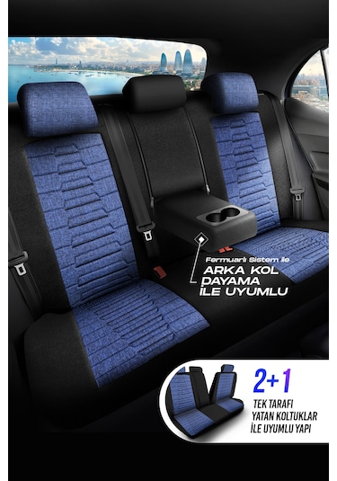 Mavi - Siyah Panda Bakü Serısı Keten Kumaş Oto Koltuk Kılıfı - Tam Set