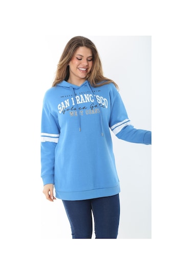 Kadın Büyük Beden Mavi İçi Şardonlu Üç İplik Kapşonlu Sweatshirt 65n37464-mavi Mavi