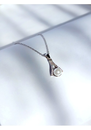 Gümüş İnci V Tasarım Işıltılı Kadın Kolye Doğum Günü Hediye