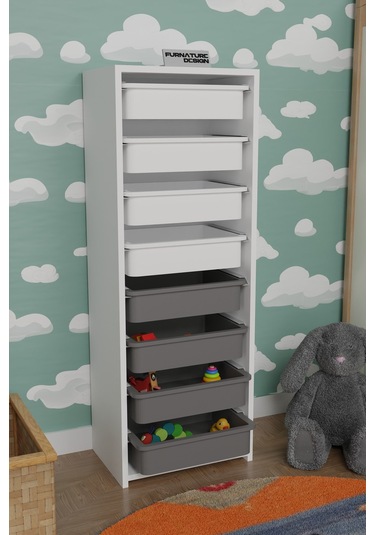 8 Sepetli Çok Amaçlı Oyuncak Mutfak Dolabı - Beyaz-gri&beyaz