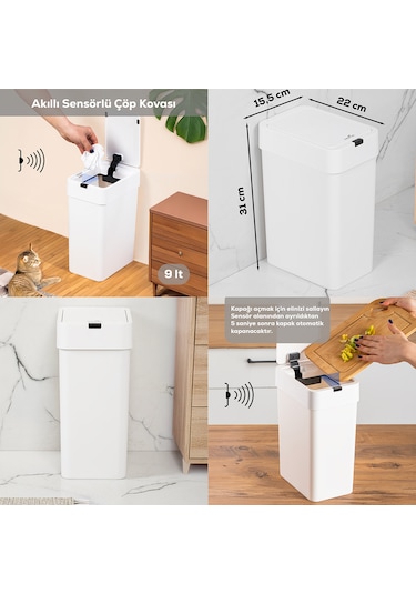 Porsima Me-06 Hareket Sensörlü 9lt Sessiz Banyo Mutfak Çöp Kovası Beyaz