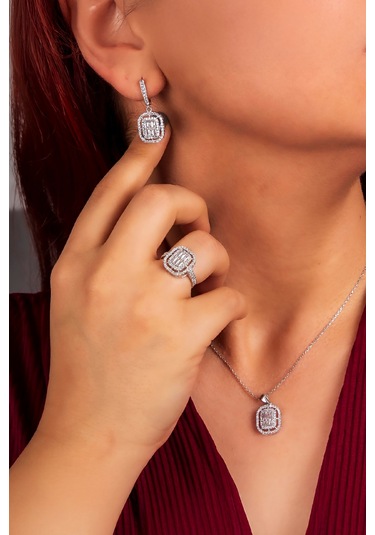 925 Ayar Gümüş Rodyumlu Full Zirkon Süslemeli Baget Oval Bayan Takı Seti -8241 Gümüş
