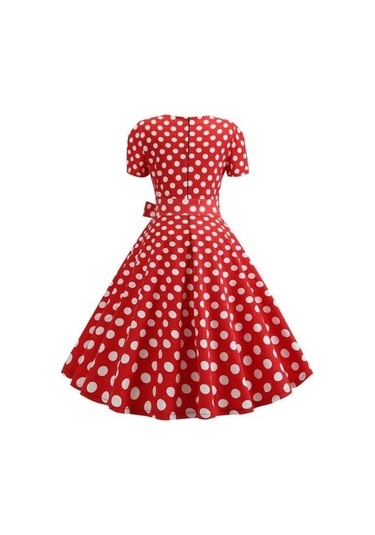 Novahub Kadın Retro Elbise, 1950'ler Vintage A-line, Kare Yaka, Kısa Kollu, Siyah, Nokta Baskı, Orta Bel Kuşaklı, Fiyonk Dekor Siyah