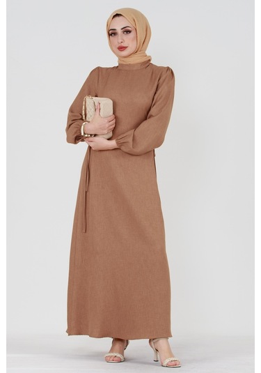 Yanı Bağcıklı Keten Elbise-vizon-3363-vizon Vizon