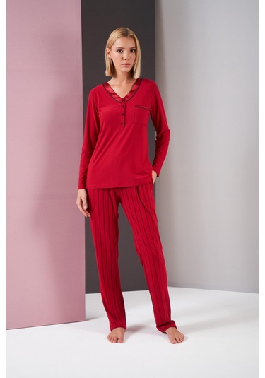 Pjs 26001 Kadın Saten Düğmeli Yaka Cepli Uzun Kollu Pijama Takım bordo