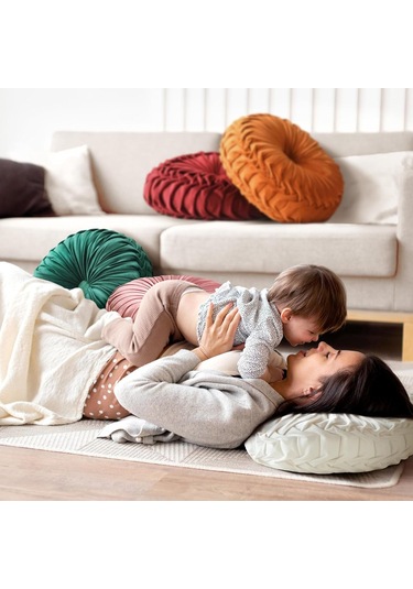 Skycity Bej Kadife Kabak Desenli El Yapımı Yuvarlak Yastık - Ev Dekorasyon Koltuk Sandalye Araba Kullanıma Uygun Yumuşak Dolgulu Yastık Beyaz