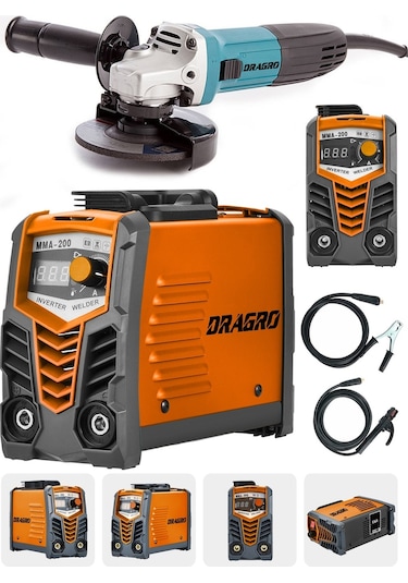 Dragro DRG-200kynk Technology Turuncu Çift Kartlı 200 Amper Invertör Kaynak Makinası 3000 W Taşlama +2li Set