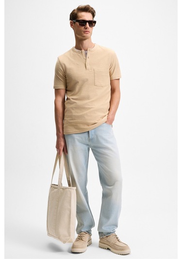 ERMAC Erkek Hakim Yaka Düğmeli Kısa Kol Bej T-Shirt