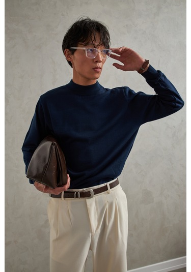 Erkek Yarım Balıkçı Oversize Basıc Triko Kazak Lacivert