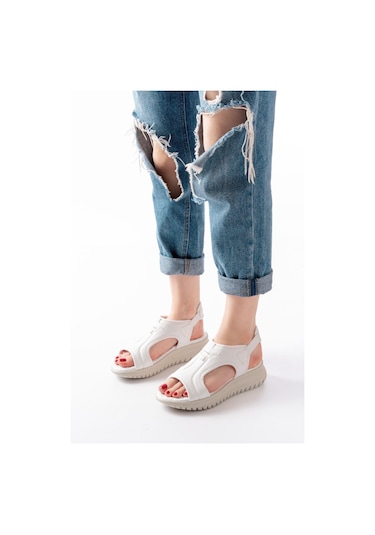 Aymood T-221 Beyaz Spring Paraşüt Kumaş Lastikli Ortopedik Kadın Sandalet Beyaz