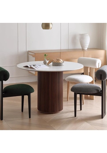 Vintage Yuvarlak Ahşap Bohem Masa 110x110 Beyaz - Ceviz