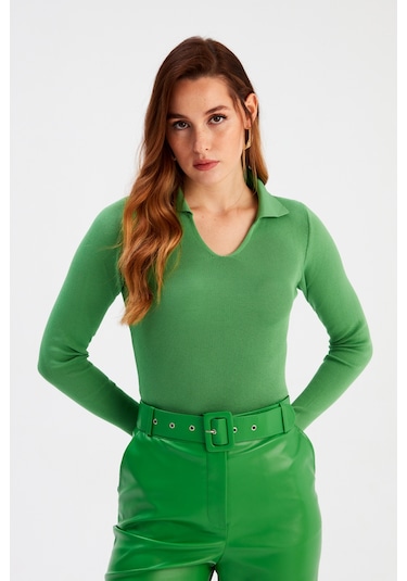Sateen Polo Yaka Triko - Yeşil-132066 Yeşil