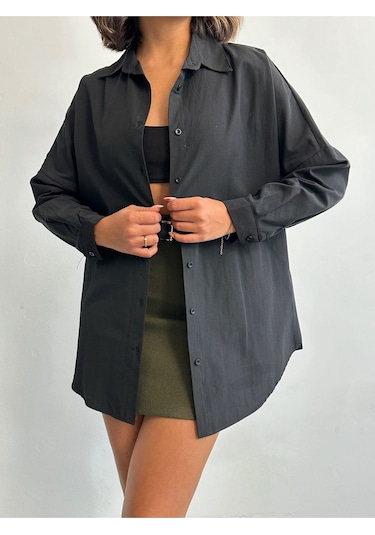 Kadın Oversize Uzun Basic Gömlek Siyah