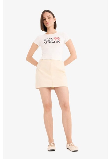 DeFacto Coool Normal Bel Gabardin Mini Etek E5346AX25SPER42 Ekru