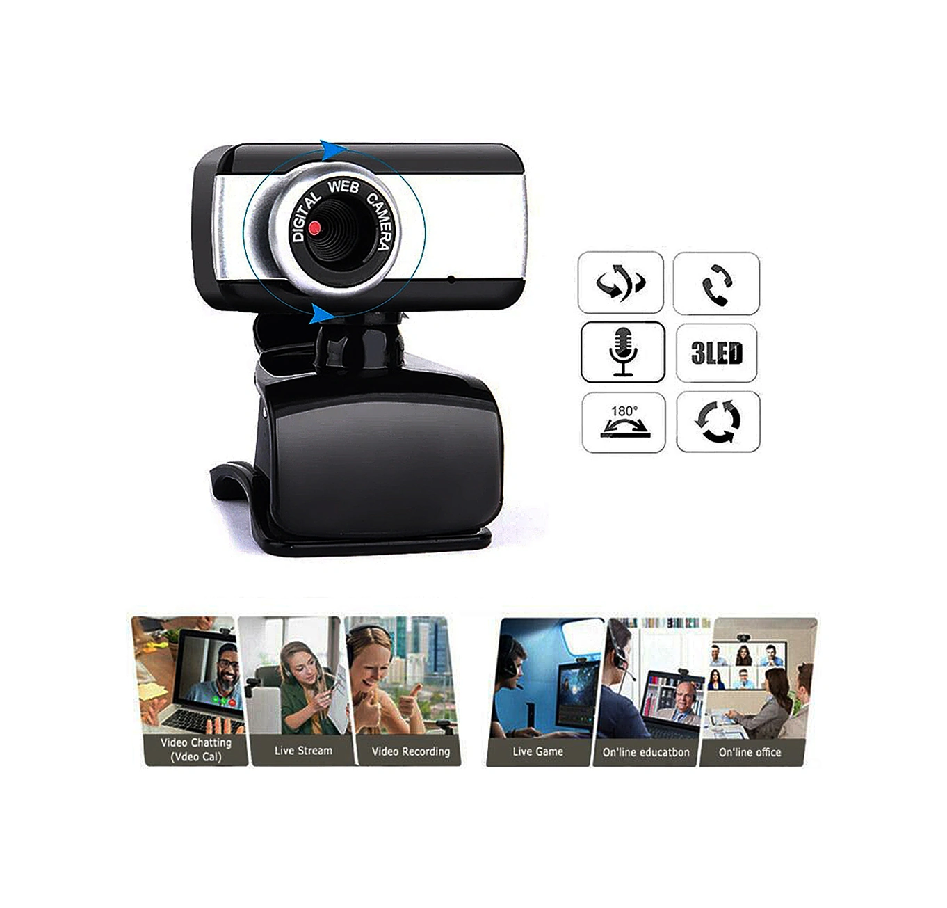 Qingmipy Usb Webcam Manuel Odaklanabilir Mikrofonlu 480p 0.3mp Cmos Sensörlü Dizüstü/masaüstü Bilgisayar Kamerası Plug&play