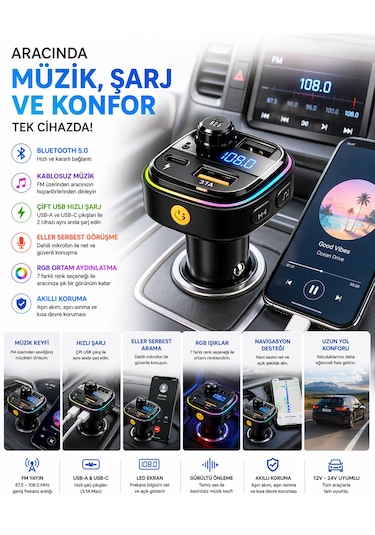Araç İçi Bluetooth Fm Transmitter Usb-c Hızlı Şarj Çift Usb Led Ekran 12-24v 12w