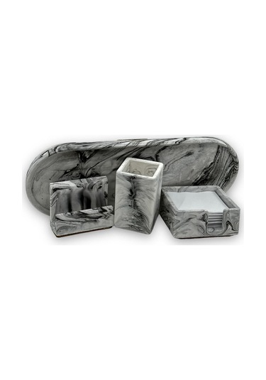 Mermer Desenli Beton 4 Parça Ofis Seti Kartlık Kalemlik Notluk Kartvizitlik Tepsi Gri