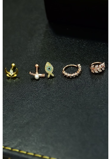 Çelik Üç Renkli 5'li Kombinli Tragus Küpe Model3 Çok Renkli