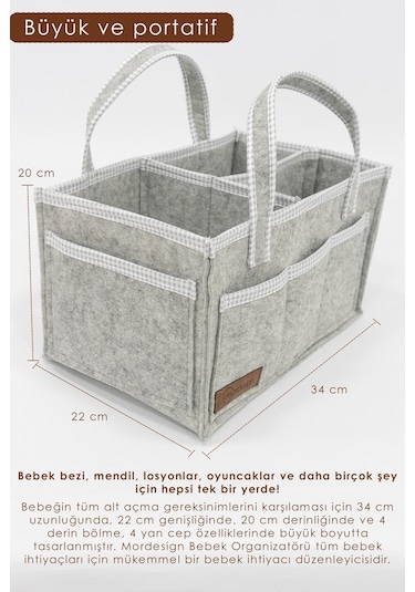 Mordesign Çok Amaçlı Kalın Keçe Anne Bebek Bakım Çantası Dolap İçi Organizer Scotch Serisi Gri