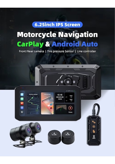 Motosiklet Ekran Carplay Android Auto Ön Ve Arka Kamera Kayıt Özellikli Lastik Sensörlü Multimedya 6.2"