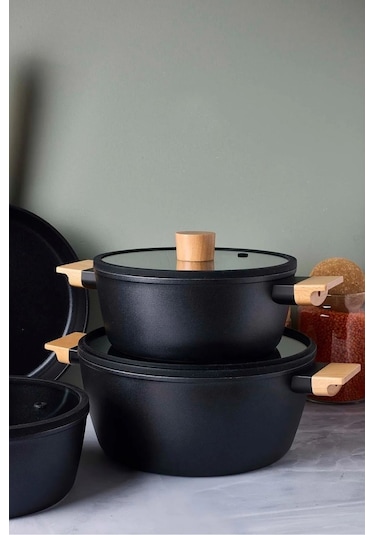 Cookwood Black 9 Parça Tencere Tava Seti Indüksiyon Tabanlı Ahşap Saplı 18080 Siyah