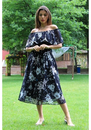 Neşeli Butik Kadın Siyah Kuşaklı Çiçekli Yazlık Şifon Elbise Nb100371 Siyah