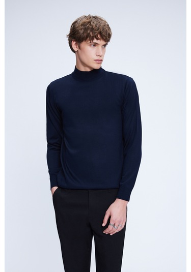 Lacivert Regular Fit Düz Yarım Balıkçı Yaka Yünlü Triko Kazak Lacivert