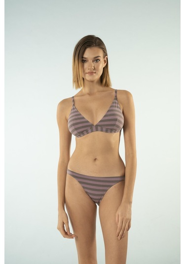 Estiva Bantlı Toparlayıcı Üçgen Bikini Takımı - Çizgili Mürdüm