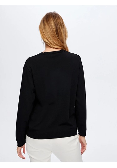 Faik Sönmez Boncuk Nakış Detaylı Uzun Kollu Kadın Triko Bluz W26trb018 Siyah