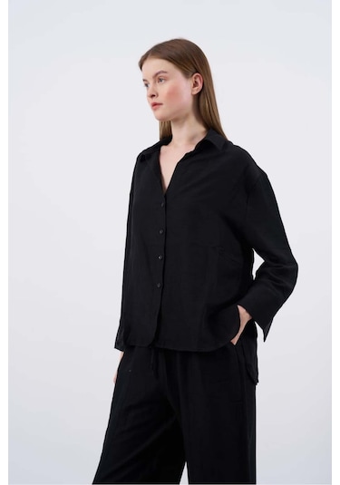 Kadın Keten Gömlek-pantolon Alt Üst Takım Siyah