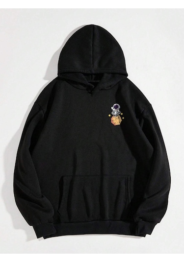 Space Travel Sweatshirt - Siyah Baskılı Oversize Kapüşonlu Siyah