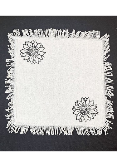 %100 Pamuklu Ham Keten Pamuk Ayçiçek Taş Baskı Püsküllü 6' Lı Amerikan Servisi Supla Kare 42 Cm Naturel
