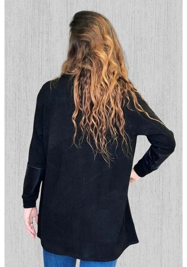 Pul Ve Suni Deri Detaylı Hırka Siyah