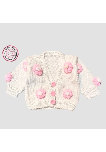 Uretti - Gülnur 2184 - El Örgüsü Pembe Çiçekli Kız Çocuk Hırka 2 Yaş - Beyaz Beyaz