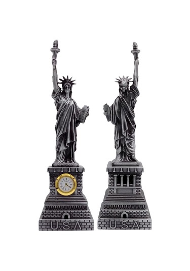 Metal Saatli Özgürlük Heykeli Gümüş Vintage Dekor Usa 25cm