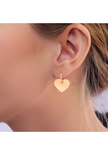 İndigo Takı Sade Kalpli Plaka Rose Gümüş Küpe Rose Renk