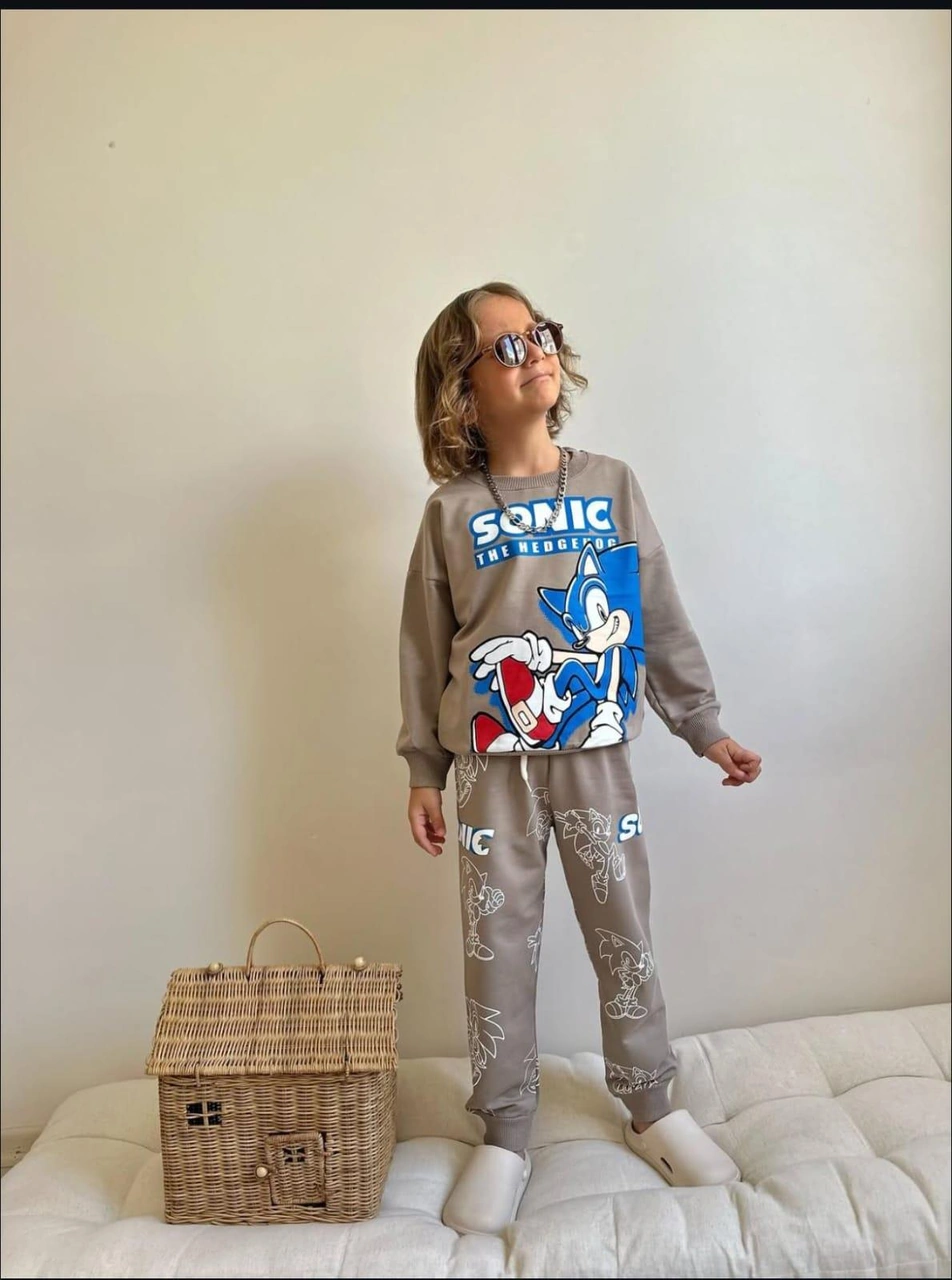 Erkek Çocuk Sonic Baskılı Alt Üst Eşofman Takımı 4069v Vizon