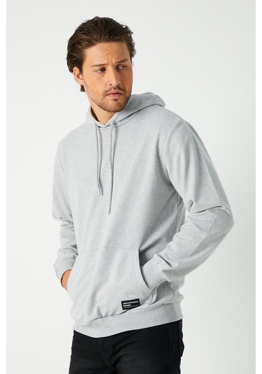 MMetalic Gri Erkek Kapüşonlu Kanguru Cepli Sweatshirt