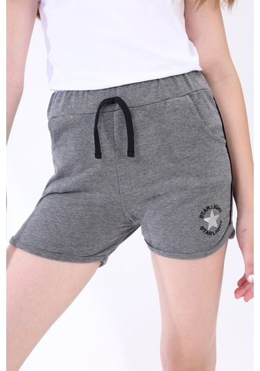 Toontoy Kız Çocuk Yıldız Arma Nakışlı Şort Antrasit Melanj