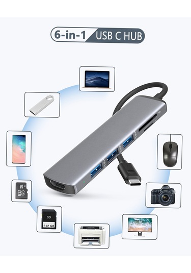 Maiyame Usb C Hub Çoklu Bağlantı Noktası Adaptörü - 4k Hdmı Çıkışlı 6'sı 1 Arada
