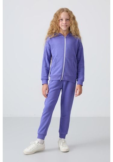 Tommy Life Eflatun Pamuklu İçi Tüylü Yumuşak Dokulu Standart Fit Nakışlı Kız Çocuk Eşofman Takım - 75148 Eflatun