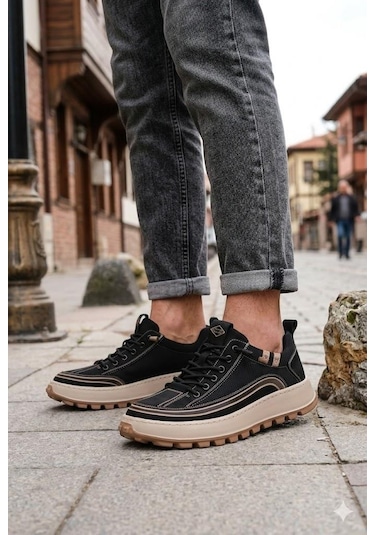 Guja 26y514 Rahat Hafif Taban Tekstil Lastik Bağcıklı Sneaker Erkek Ayakkabı Siyah