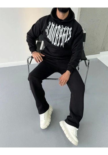 Uzun Kol Kapşonlu Baskılı Sweatshirt - Siyah Siyah