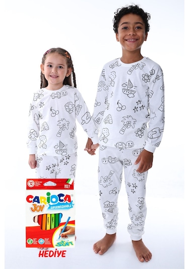 Zuzunga En Sevimli Figürler Özel Kalemi İle Boyanabilir Çocuk Pijama Takımı 12'li Kalem Seti Hediye Beyaz1 Beyaz