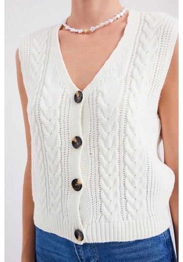 Bigdart 15882 Düğmeli Kısa Triko Yelek - Beyaz 001