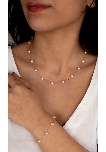 Doğan Diamond Gümüş Model 925 Ayar İnci Kolye Ve Bileklik Set Altın