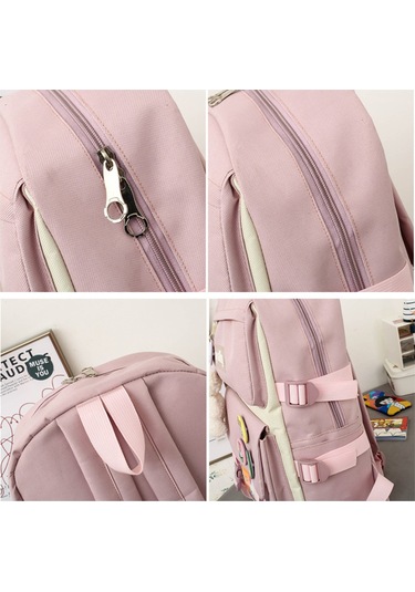 Mufunye Klasik Kumaş Çanta Seti Sırt Çantası + El Çantası + Clutch + Kalem Kutusu - Pembe Renkli Yumuşak Dokuma, Geniş Kapasite, Sevimli Ayı Figürü İle Dekore Çok Renkli